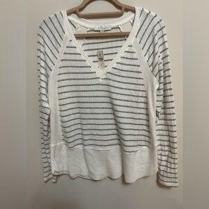 Anthropologie Eri + Ali Striped V-Neck Sweater White Gray XS NWT